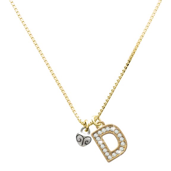 Delight Jewelry Silver-tone Mini Scroll Heart - Large Goldtone Crystal Initial - D - Charm Necklace, 17.5"+2"
