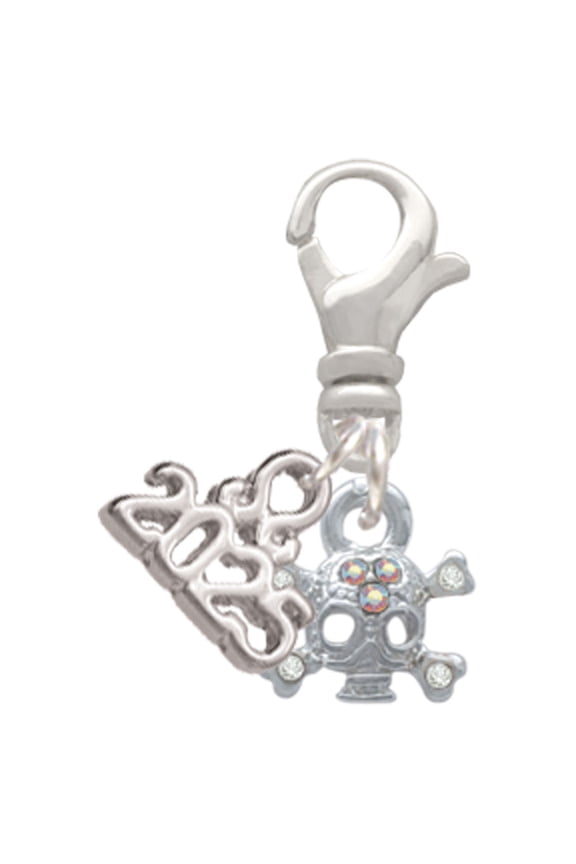 Silver-tone Mini Skull and Bones with 3 AB Crystals - Silver-tone Clip on Charm with Mini Year 2025