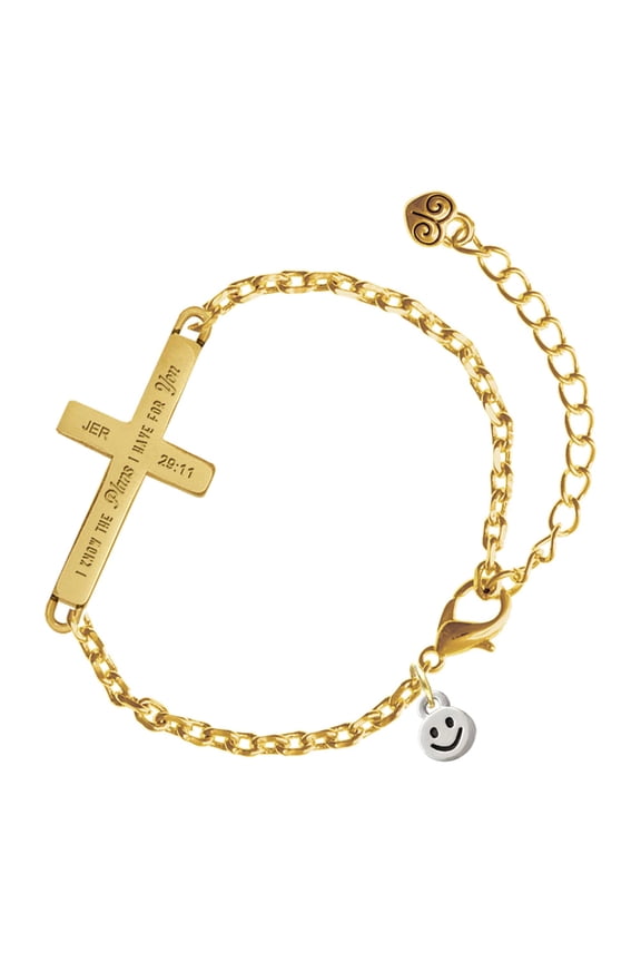 Silver-tone Mini Smiley Face - Gold Tone Jeremiah 29:11 I Have Plans for You Engraved Cross Charm Bracelet, 6.5+1.5" Extender