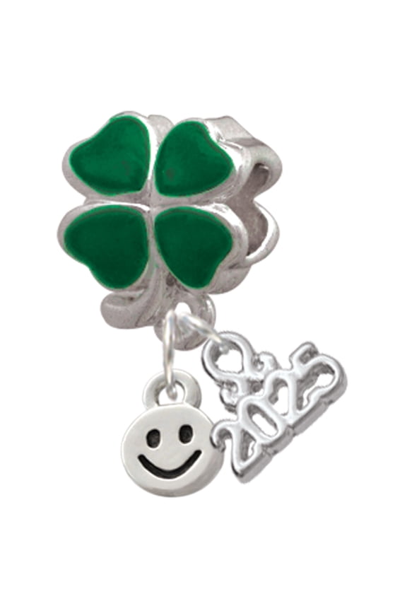 Silver-tone Mini Smiley Face - Good Luck Green Four Leaf Clover Charm Bead Dangle with Mini 2025