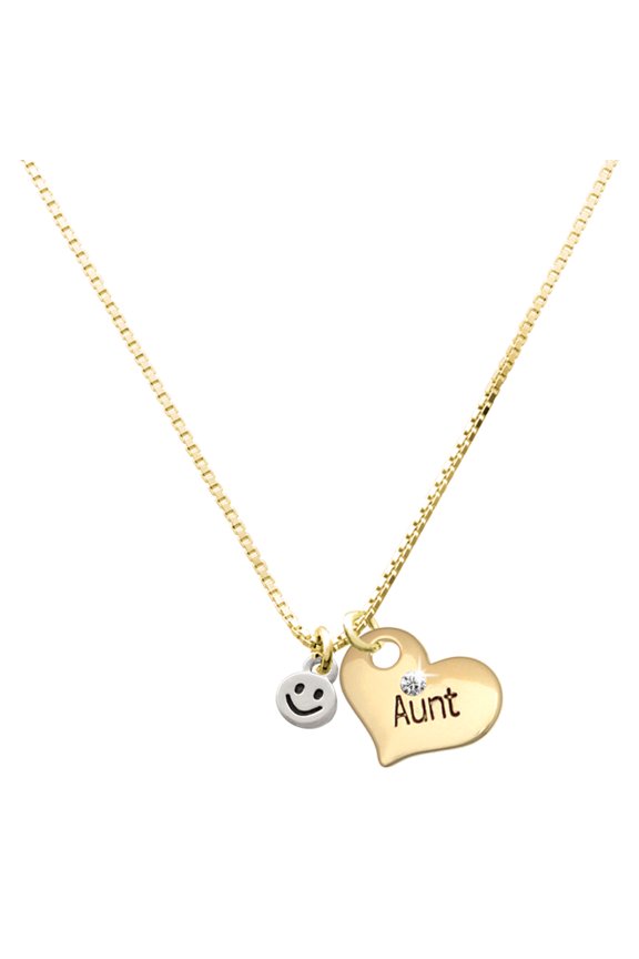 Silver-tone Mini Smiley Face - Large Goldtone Aunt Heart Charm Necklace, 17.5"+2" Extender