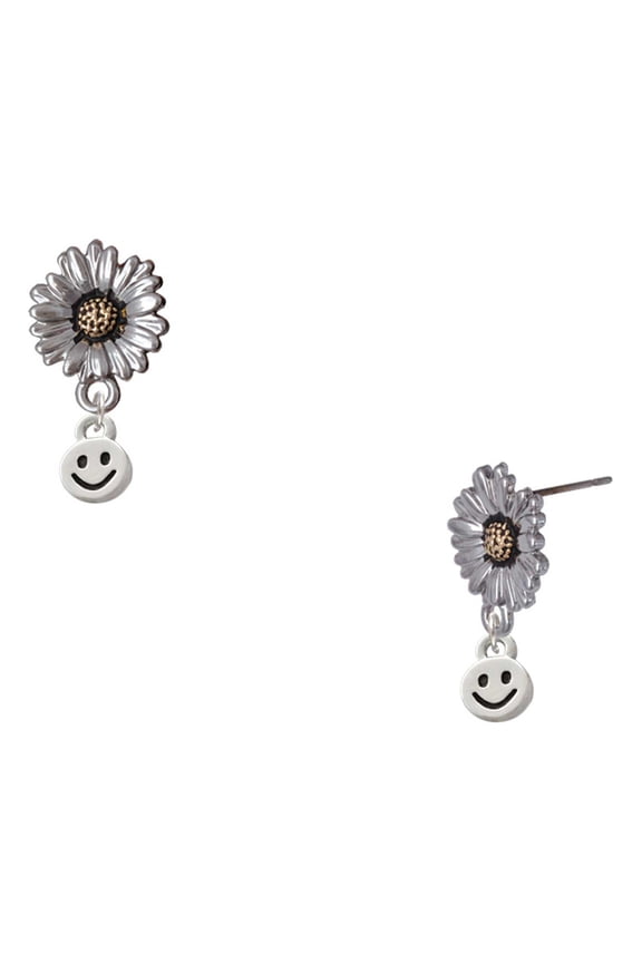 Silver-tone Mini Smiley Face - Two-tone Daisy Flower Post Earrings