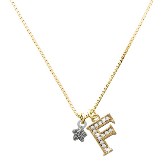Delight Jewelry Silver-tone Mini Starfish Two Sided Charm and Goldtone Crystal Initial F Charm Necklace, 17.5"+2"