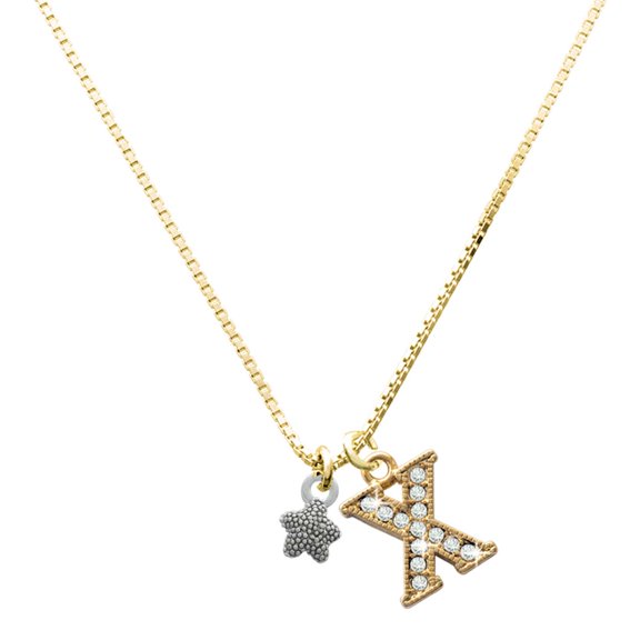 Delight Jewelry Silver-tone Mini Starfish Two Sided - Large Goldtone Crystal Initial - X - Charm Necklace, 17.5"+2"