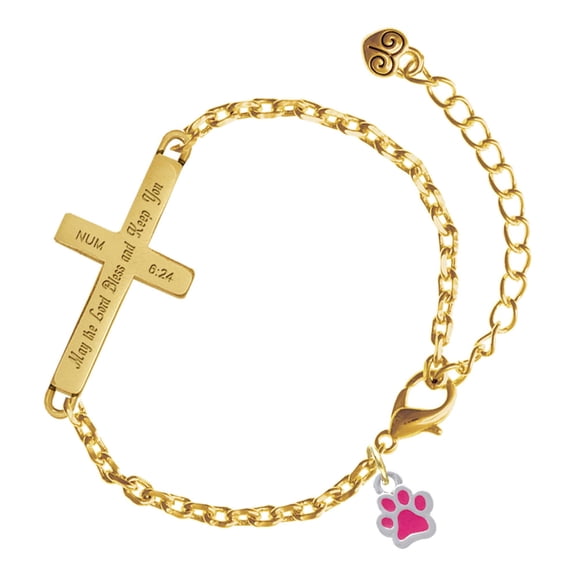 Delight Jewelry Silver-tone Mini Translucent Hot Pink Paw - Gold Tone Numbers 6:24 May the Lord Bless You Engraved Cross Charm Bracelet, 6.5+1.5" Extender