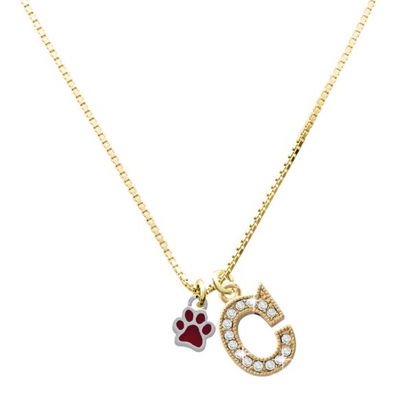 Delight Jewelry Silver-tone Mini Translucent Maroon Paw with a Large Goldtone Crystal Initial - C - Charm Necklace, 17.5"+2"
