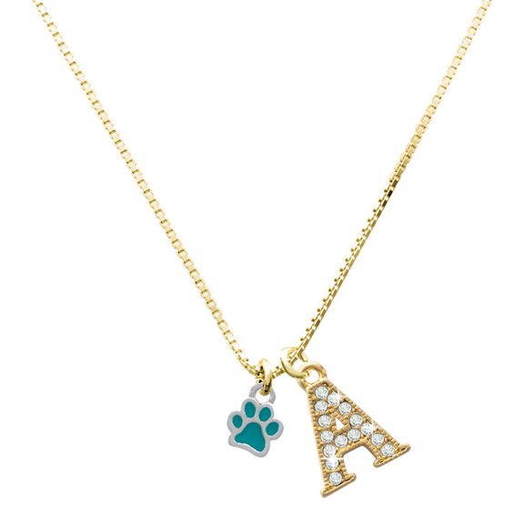 Delight Jewelry Silver-tone Mini Translucent Teal Paw - Large Goldtone Crystal Initial - A - Charm Necklace, 17.5"+2"