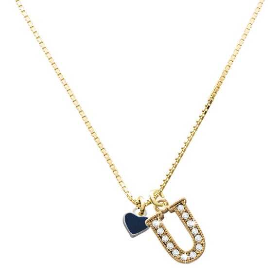 Delight Jewelry Silver-tone Mini Two Sided Blue Heart - Large Goldtone Crystal Initial - U - Charm Necklace, 17.5"+2"