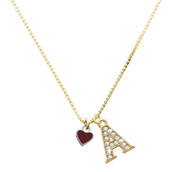 Delight Jewelry Silver-tone Mini Two Sided Maroon Heart - Large Goldtone Crystal Initial - A - Charm Necklace, 17.5"+2"