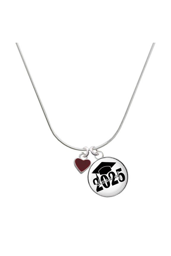 Silver-tone Mini Two Sided Maroon Heart - Script Class of 2025 Dome Charm Necklace, 18"