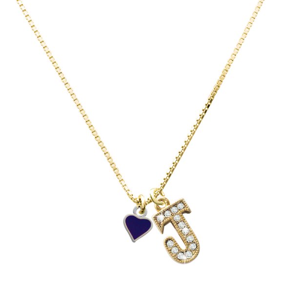Delight Jewelry Silver-tone Mini Two Sided Purple Heart - Large Goldtone Crystal Initial - J - Charm Necklace, 17.5"+2"