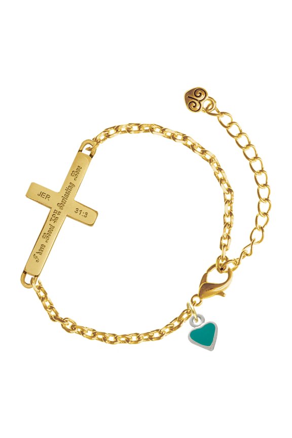 Silver-tone Mini Two Sided Teal Heart - Gold Tone Jeremiah 31:3 Everlasting Love Engraved Cross Charm Bracelet, 6.5+1.5" Extender