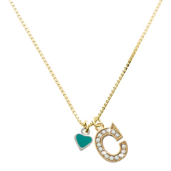 Delight Jewelry Silver-tone Mini Two Sided Teal Heart with a Large Goldtone Crystal Initial - C - Charm Necklace, 17.5"+2"