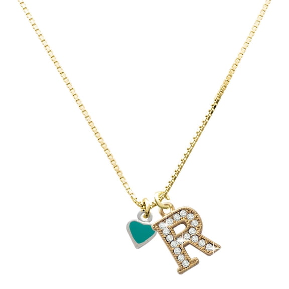 Delight Jewelry Silver-tone Mini Two Sided Teal Heart - Large Goldtone Crystal Initial - R - Charm Necklace, 17.5"+2"