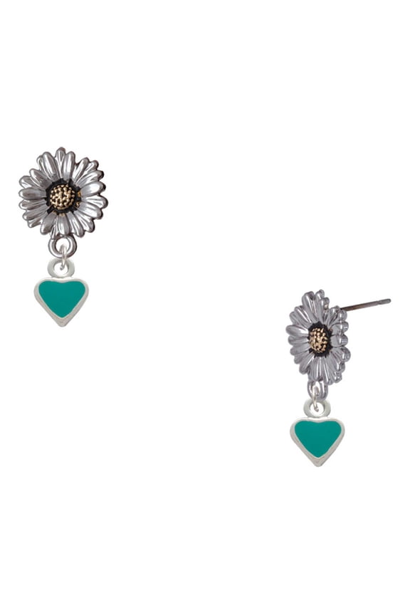 Silver-tone Mini Two Sided Teal Heart - Two-tone Daisy Flower Post Earrings