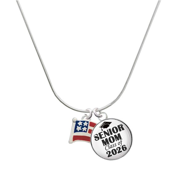 Delight Jewelry Silver-tone Mini USA Flag - Silvertone Senior Mom Class of 2026 Dome Necklace, 18"