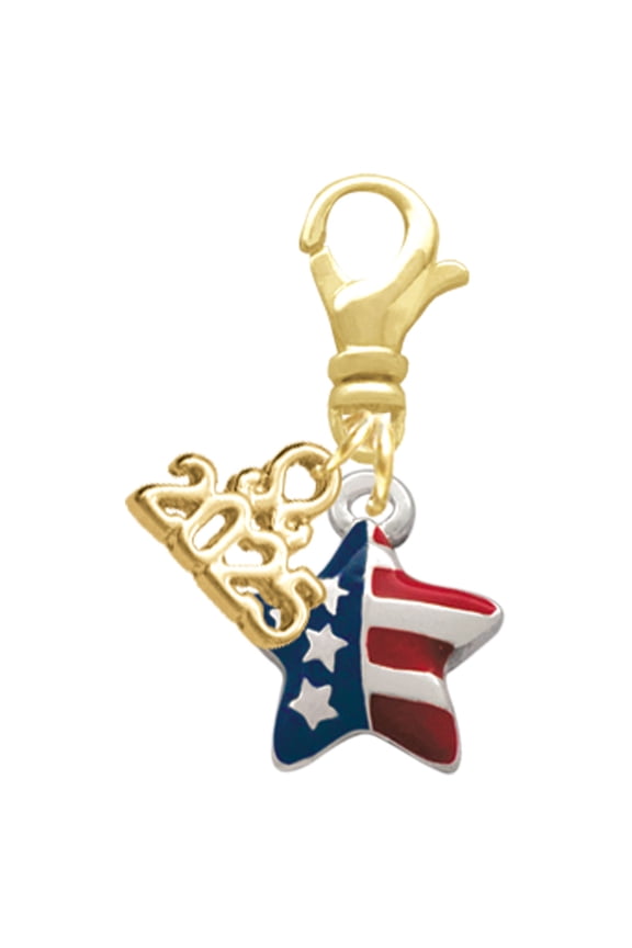 Silver-tone Mini USA Patriotic Star - Gold-tone Clip on Charm with Mini Year 2025