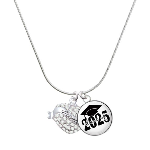 Delight Jewelry Silver-tone Mom Banner on Clear Crystal Heart - Script Class of 2025 Dome Charm Necklace, 18"