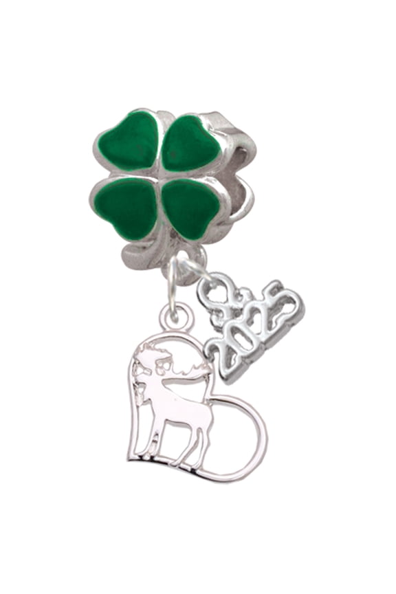 Silver-tone Moose in Heart - Good Luck Green Four Leaf Clover Charm Bead Dangle with Mini 2025