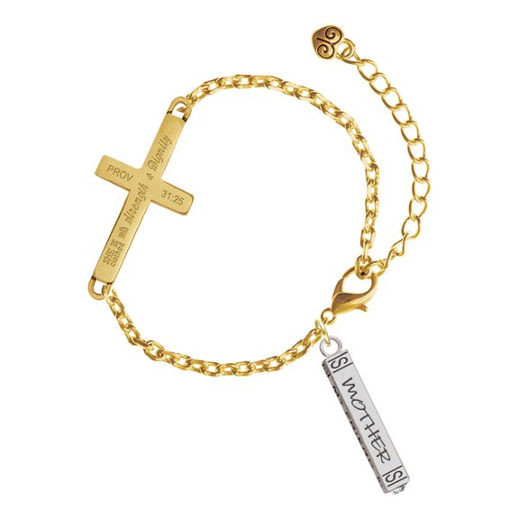 Delight Jewelry Silver-tone Mother Daughter Friends Forever Bar - Gold Tone Proverbs 31:25 She is Clothed with Strength and Dignity Engraved Cross Charm Bracelet, 6.5+1.5" Extender