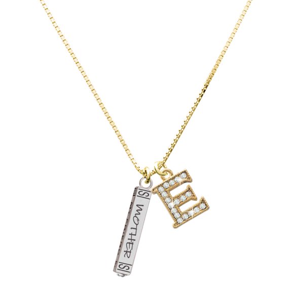 Delight Jewelry Silver-tone Mother Daughter Friends Forever Bar - Large Goldtone Crystal Initial - E - Charm Necklace, 17.5"+2"