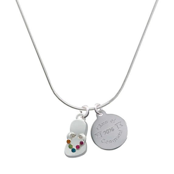 Delight Jewelry Silver-tone Multicolored Crystal Flip Flop - Engraved Congrats Class of 2026 Charm Necklace, 18"