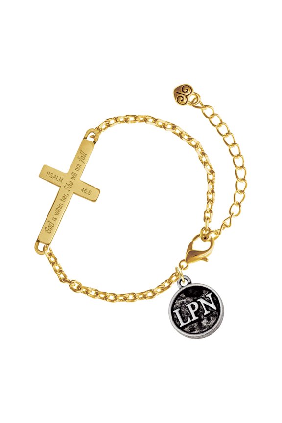 Silver-tone Nurse Caduceus Seal - LPN - Gold Tone Psalm 46:5 She will not fall Engraved Cross Charm Bracelet, 6.5+1.5" Extender