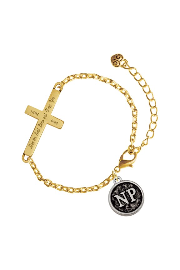 Silver-tone Nurse Caduceus Seal - NP - Gold Tone Numbers 6:24 May the Lord Bless You Engraved Cross Charm Bracelet, 6.5+1.5" Extender