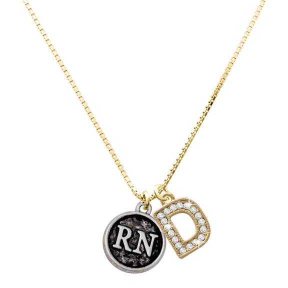 Delight Jewelry Silver-tone Nurse Caduceus Seal - RN - Large Goldtone Crystal Initial - D - Charm Necklace, 17.5"+2"