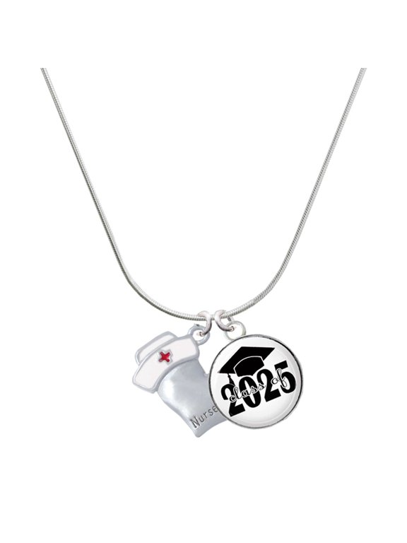 Silver-tone Nurse's Prayer Heart - Healing Hand - Script Class of 2025 Dome Charm Necklace, 18"
