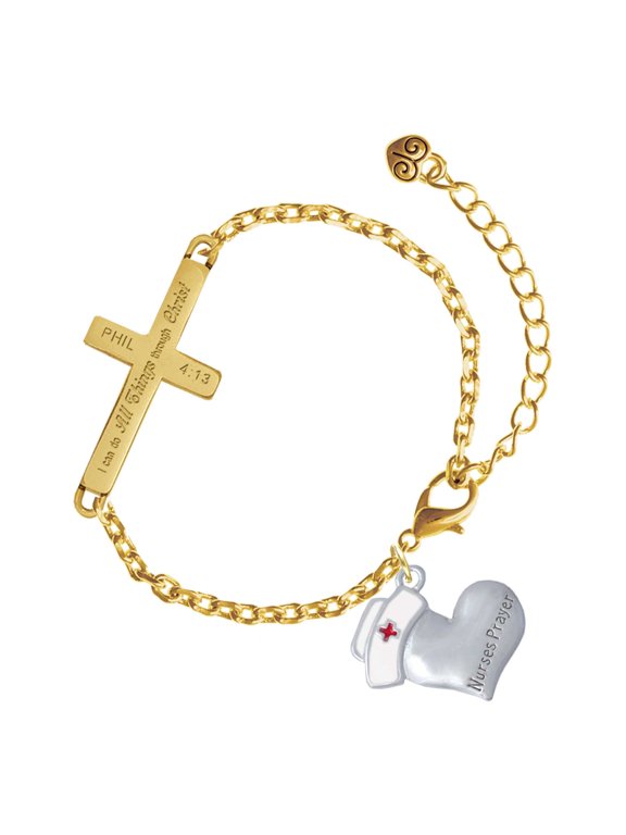 Silver-tone Nurse's Prayer Heart - Lord Guide - Gold Tone Philipians 4:13 I Do All Things Through Christ Engraved Cross Charm Bracelet, 6.5+1.5" Extender