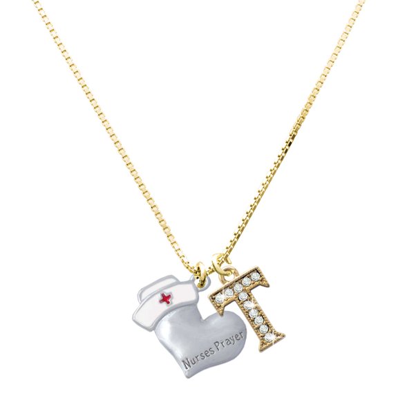 Delight Jewelry Silver-tone Nurse's Prayer Heart - Lord Guide - Large Goldtone Crystal Initial - T - Charm Necklace, 17.5"+2"