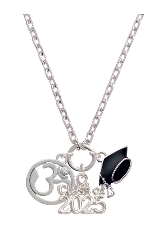 Silver-tone Om in Circle with Clear Crystal - Silver-tone Class of 2025 Graduation Zoey Necklace, 28"