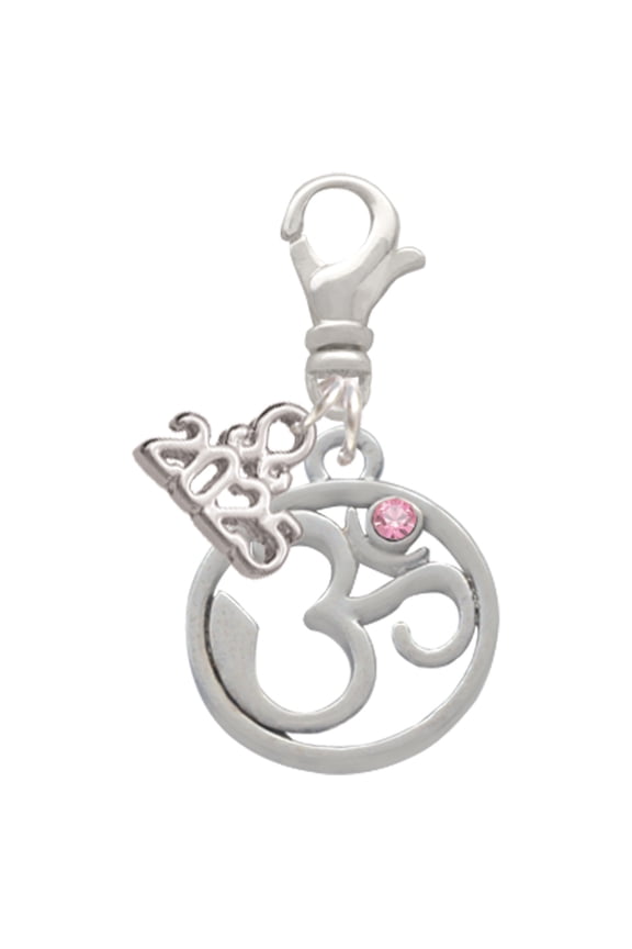 Silver-tone Om in Circle with Pink Crystal - Silver-tone Clip on Charm with Mini Year 2025