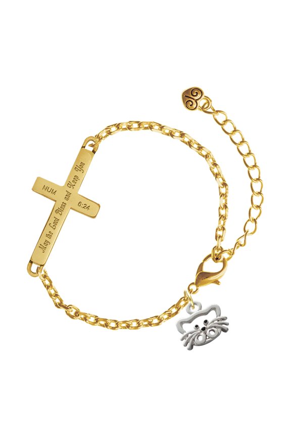 Silver-tone Open Cat Face - Gold Tone Numbers 6:24 May the Lord Bless You Engraved Cross Charm Bracelet, 6.5+1.5" Extender