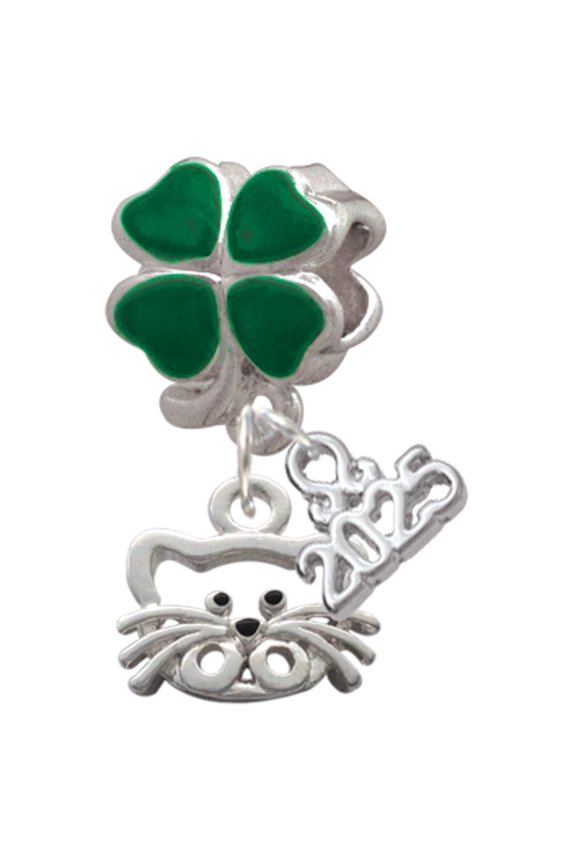 Silver-tone Open Cat Face - Good Luck Green Four Leaf Clover Charm Bead Dangle with Mini 2025