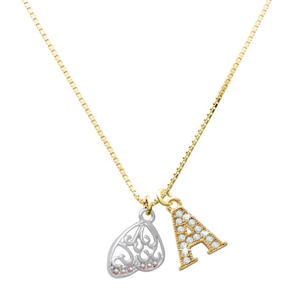 Delight Jewelry Silver-tone Open Clear AB Crystal Butterfly Wing - Large Goldtone Crystal Initial - A - Charm Necklace, 17.5"+2"