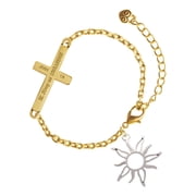 Delight Jewelry Silver-tone Open Design Sun - Gold Tone Joshua 19 Strong and Courageous Engraved Cross Charm Bracelet, 6.5+1.5" Extender