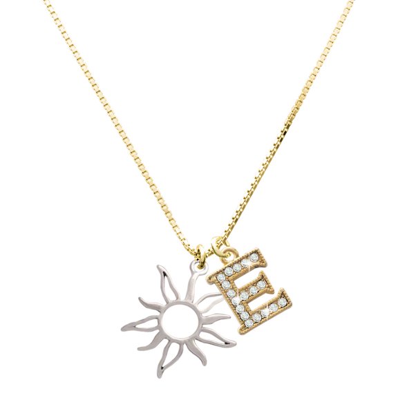 Delight Jewelry Silver-tone Open Design Sun with Large Goldtone Crystal Initial E Charm Necklace, 17.5"+2"