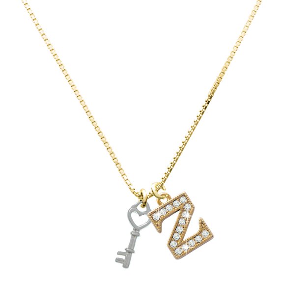 Delight Jewelry Silver-tone Open Heart Key - Large Goldtone Crystal Initial - Z - Charm Necklace, 17.5"+2"