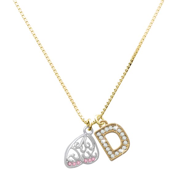 Delight Jewelry Silver-tone Open Pink Crystal Butterfly Wing with a Large Goldtone Crystal Initial - D - Charm Necklace, 17.5"+2"