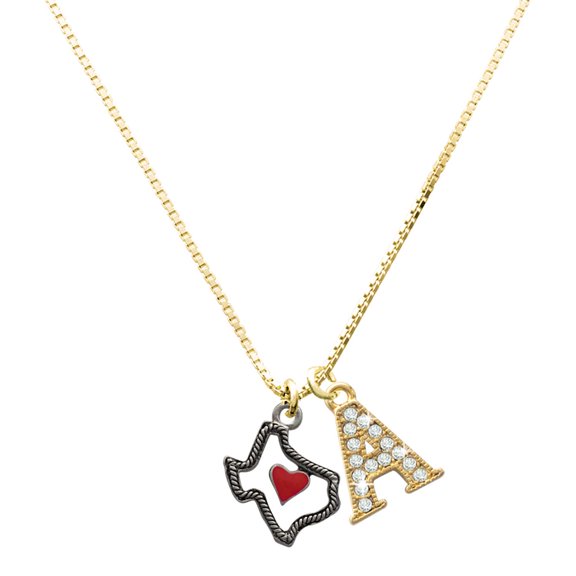 Delight Jewelry Silver-tone Open Rope Texas with Red Heart - Large Goldtone Crystal Initial - A - Charm Necklace, 17.5"+2"