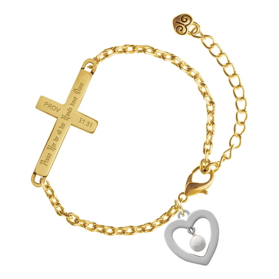 Delight Jewelry Silver-tone Open heart with Imitation Pearl Drop - Gold Tone Proverbs 31:31 Praise Her for all Her Hands have Done Engraved Cross Charm Bracelet, 6.5+1.5" Extender