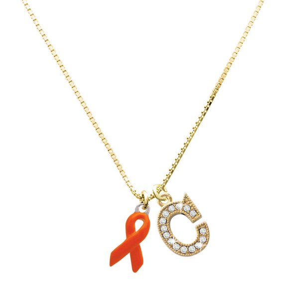 Delight Jewelry Silver-tone Orange Ribbon - Large Goldtone Crystal Initial - C - Charm Necklace, 17.5"+2"