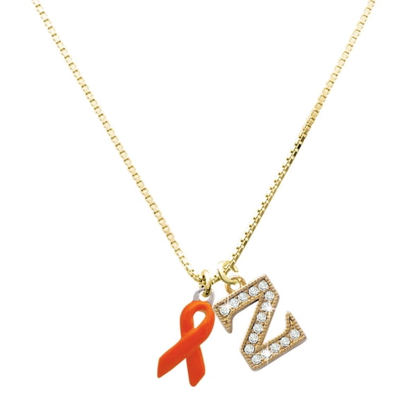 Delight Jewelry Silver-tone Orange Ribbon - Large Goldtone Crystal Initial - Z - Charm Necklace, 17.5"+2"