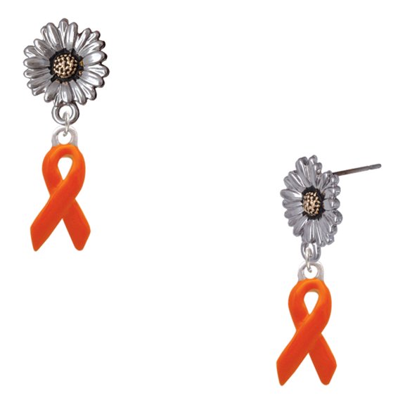 Delight Jewelry Silver-tone Orange Ribbon - Two-tone Daisy Flower Post Earrings