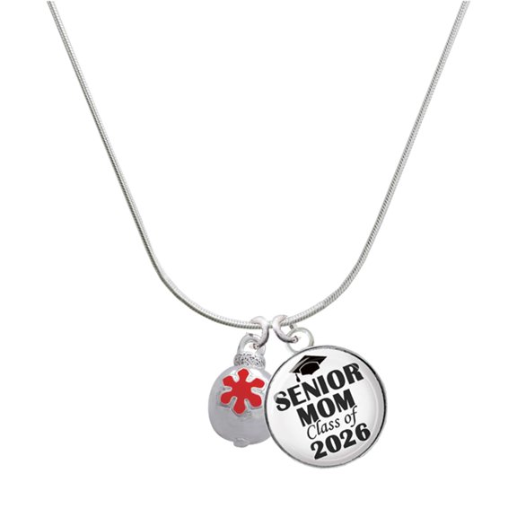 Delight Jewelry Silver-tone Ornament with Red Snowflake - Silvertone Senior Mom Class of 2026 Dome Necklace, 18"