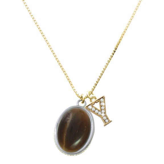 Delight Jewelry Silver-tone Oval - Imitation Cat's Eye - Brown - Large Goldtone Crystal Initial - Y - Charm Necklace, 17.5"+2"