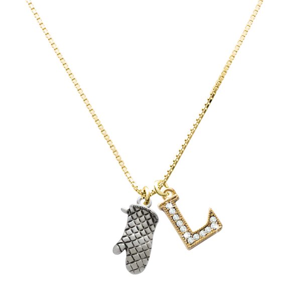 Delight Jewelry Silver-tone Oven Mitt - Large Goldtone Crystal Initial - L - Charm Necklace, 17.5"+2"