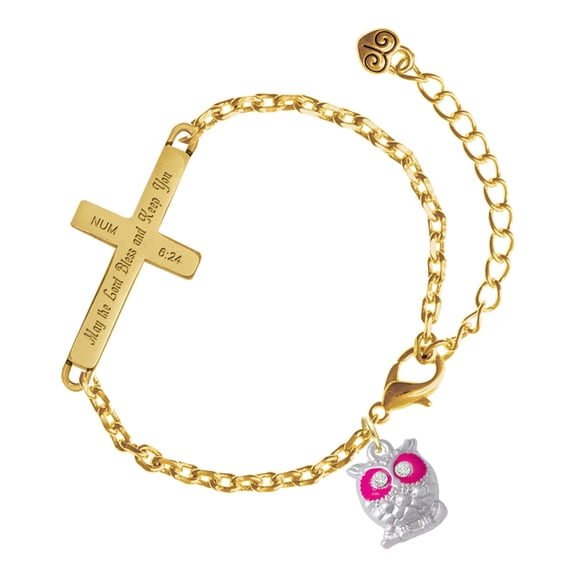 Delight Jewelry Silver-tone Owl with Hot Pink & Clear Crystal Eyes - Gold Tone Numbers 6:24 May the Lord Bless You Engraved Cross Charm Bracelet, 6.5+1.5" Extender